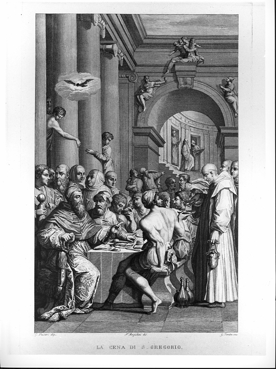 La cena di S. Gregorio, cena di San Gregorio (stampa, serie) di Angiolini Napoleone, Tomba Giulio, Vasari Giorgio (sec. XIX)