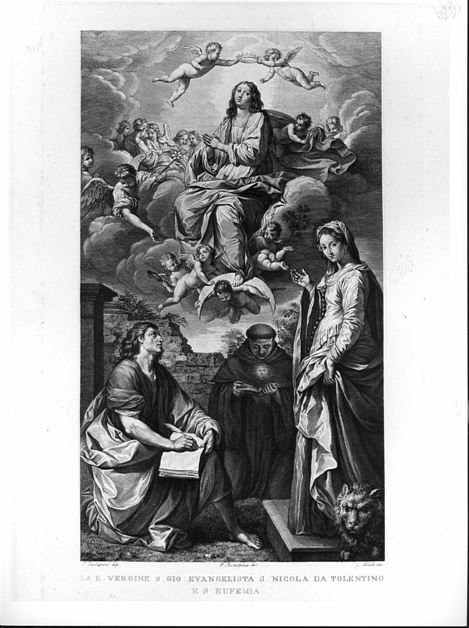 La B. Vergine S. Gio. Evangelista S. Nicola da Tolentino e S. Eufemia, Madonna in Maestà con San Giovanni Evangelista, San Nicola da Tolentino e Sant'Eufemia (stampa, serie) di Rosaspina Francesco, Angiolini Napoleone, Cantarini Simone detto Pesarese (sec. XIX)