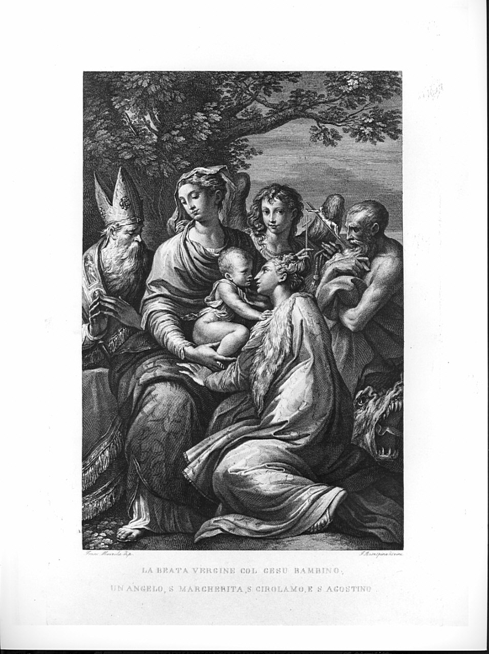 La Beata Vergine col Gesù Bambino, un angelo, S. Margherita, S. Girolamo e S. Agostino, Madonna con Bambino, Santa Margherita, San Girolamo, Sant'Agostino e un angelo (stampa, serie) di Rosaspina Francesco, Mazzola Francesco detto Parmigianino (sec. XIX)