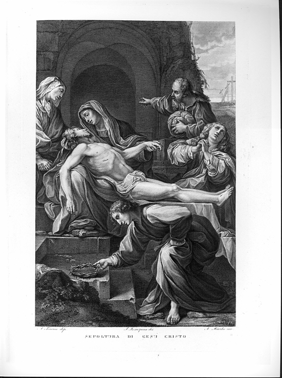 Sepoltura di Gesù Cristo, deposizione di Cristo nel sepolcro (stampa, serie) di Rosaspina Francesco, Marchi Antonio, Tiarini Alessandro (sec. XIX)