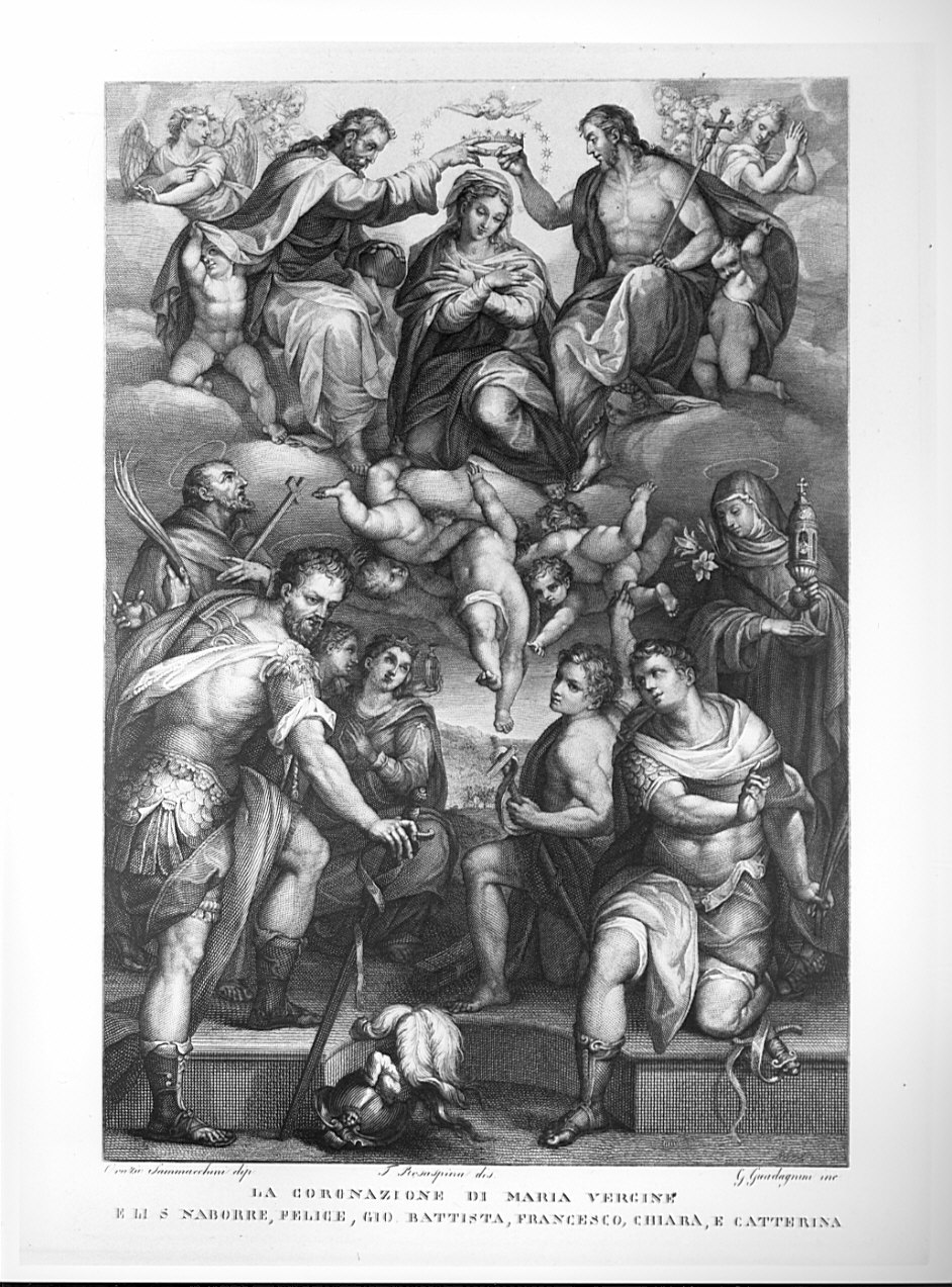La coronazione di Maria Vergine e li S. Naborre, Felice, Gio. Battista, Francesco, Chiara, e Catterina, Incoronazione di Maria Vergine tra Santi (stampa, serie) di Rosaspina Francesco, Guadagnini Gaetano, Samacchini Orazio (sec. XIX)