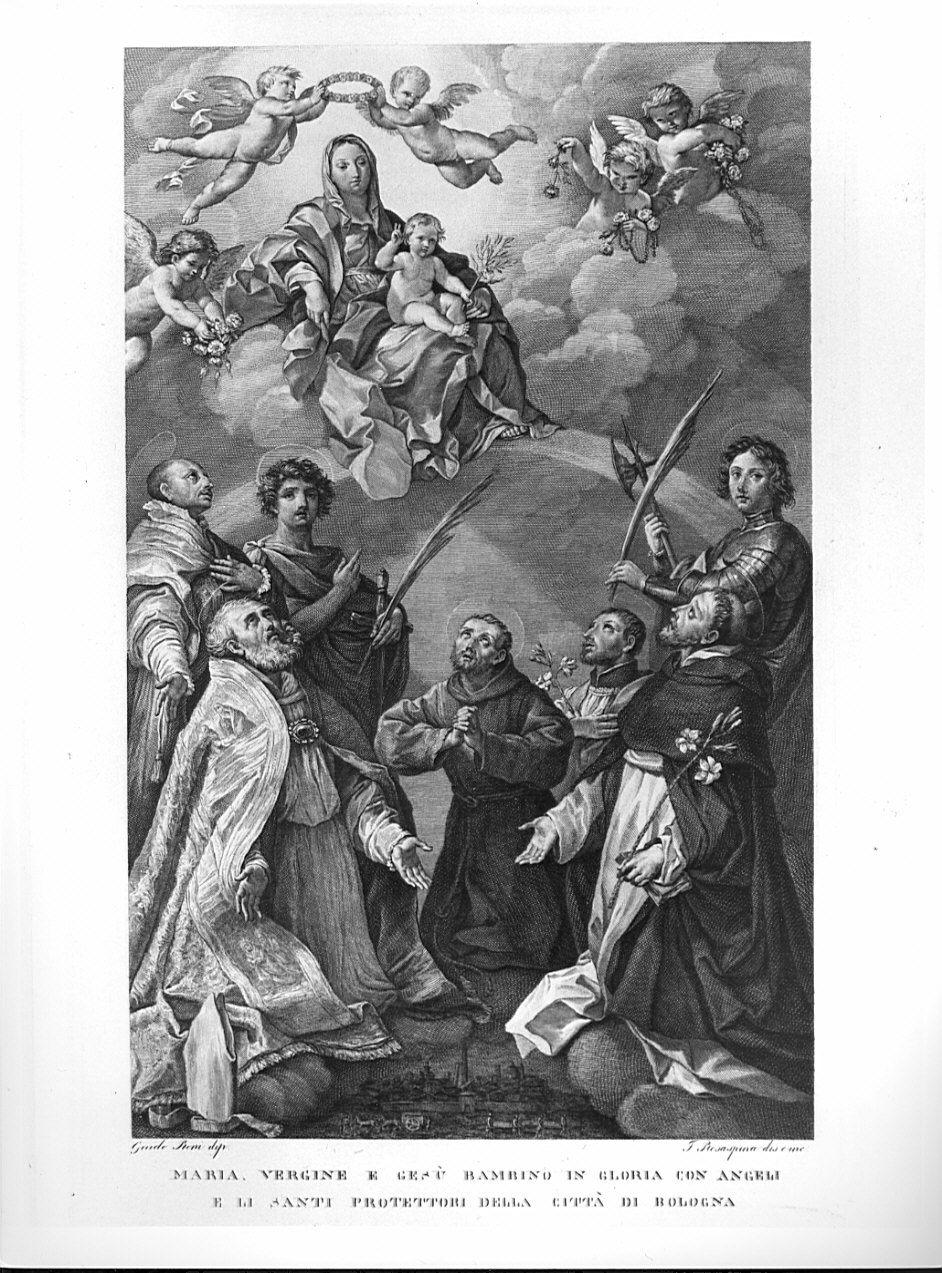 Maria Vergine e Gesù Bambino in gloria con angeli e li Santi Protettori della città di Bologna, Madonna con Bambino in gloria con San petronio, San Domenico, San Francesco d'Assisi, Sant'ignazio di Loyola, San Francesco Saverio, San Procolo e San Floriano (stampa, serie) di Rosaspina Francesco, Reni Guido (sec. XIX)