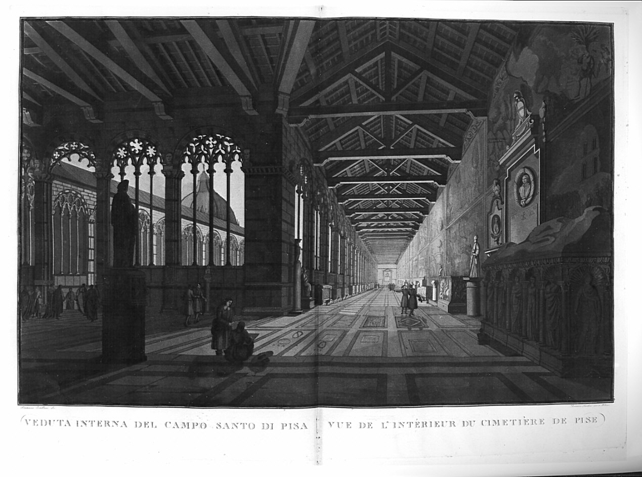 veduta interna del Campo Santo di Pisa, veduta del Camposanto di Pisa (stampa, serie) di Frullani Francesco, Savolini Luigi (sec. XIX)