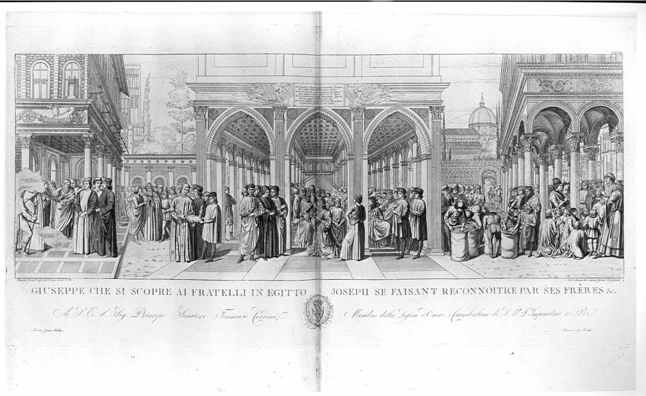 Giuseppe che si scopre ai fratelli in Egitto, Giuseppe si riconcilia con i fratelli (stampa, serie) di Lasinio Carlo, Benozzo di Lese detto Benozzo Gozzoli (sec. XIX)