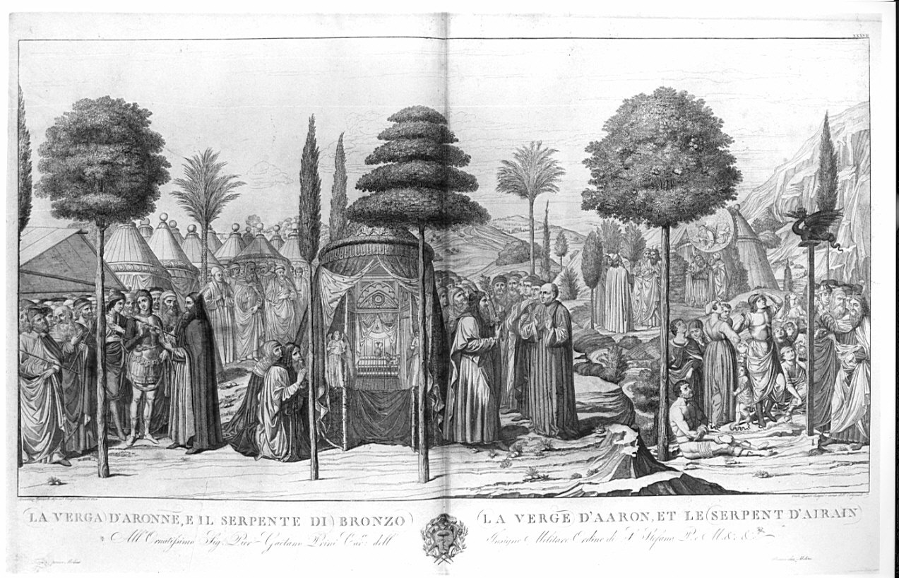 La verga d'Aronne e il serpente di bronzo, verga fiorita di Aronne e Moè e il serpente di bronzo (stampa, serie) di Lasinio Carlo, Benozzo di Lese detto Benozzo Gozzoli (sec. XIX)