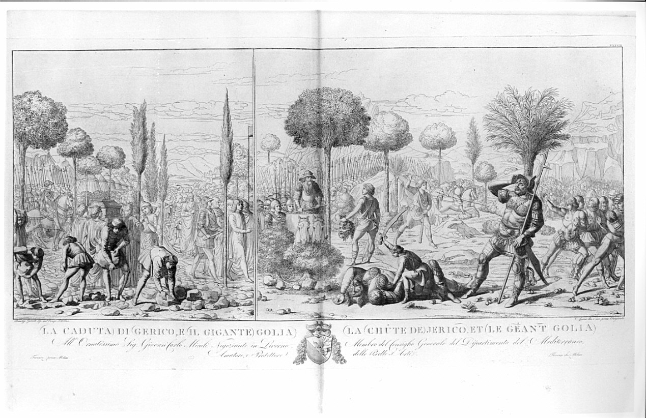 La caduta di Gerico e il gigante Golia, caduta delle mura di Gerico e David e Golia (stampa, serie) di Lasinio Carlo, Benozzo di Lese detto Benozzo Gozzoli (sec. XIX)