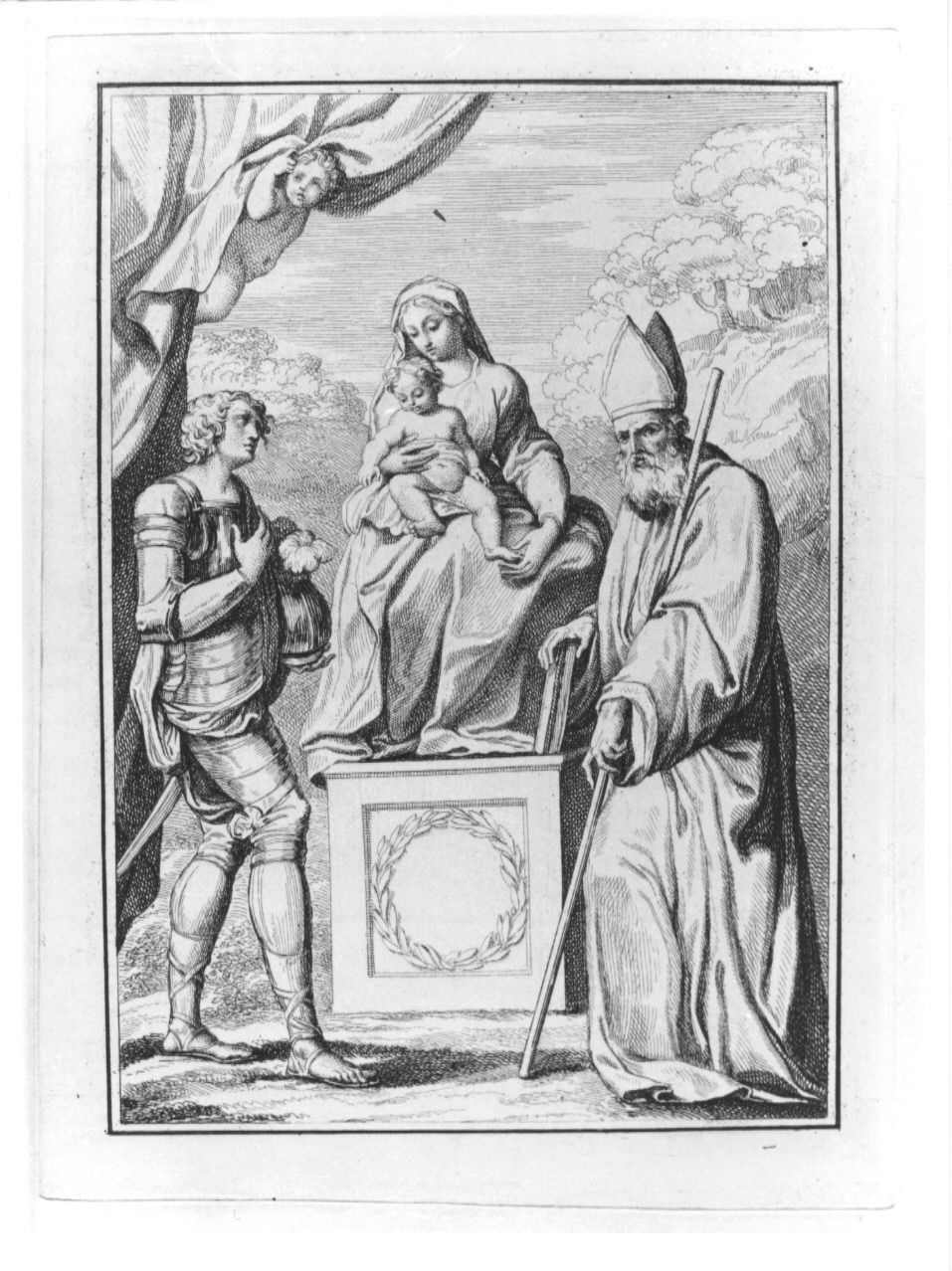 Madonna con Bambino tra San Giorgio e santo vescovo (stampa, serie) di Rosaspina Francesco (sec. XIX)