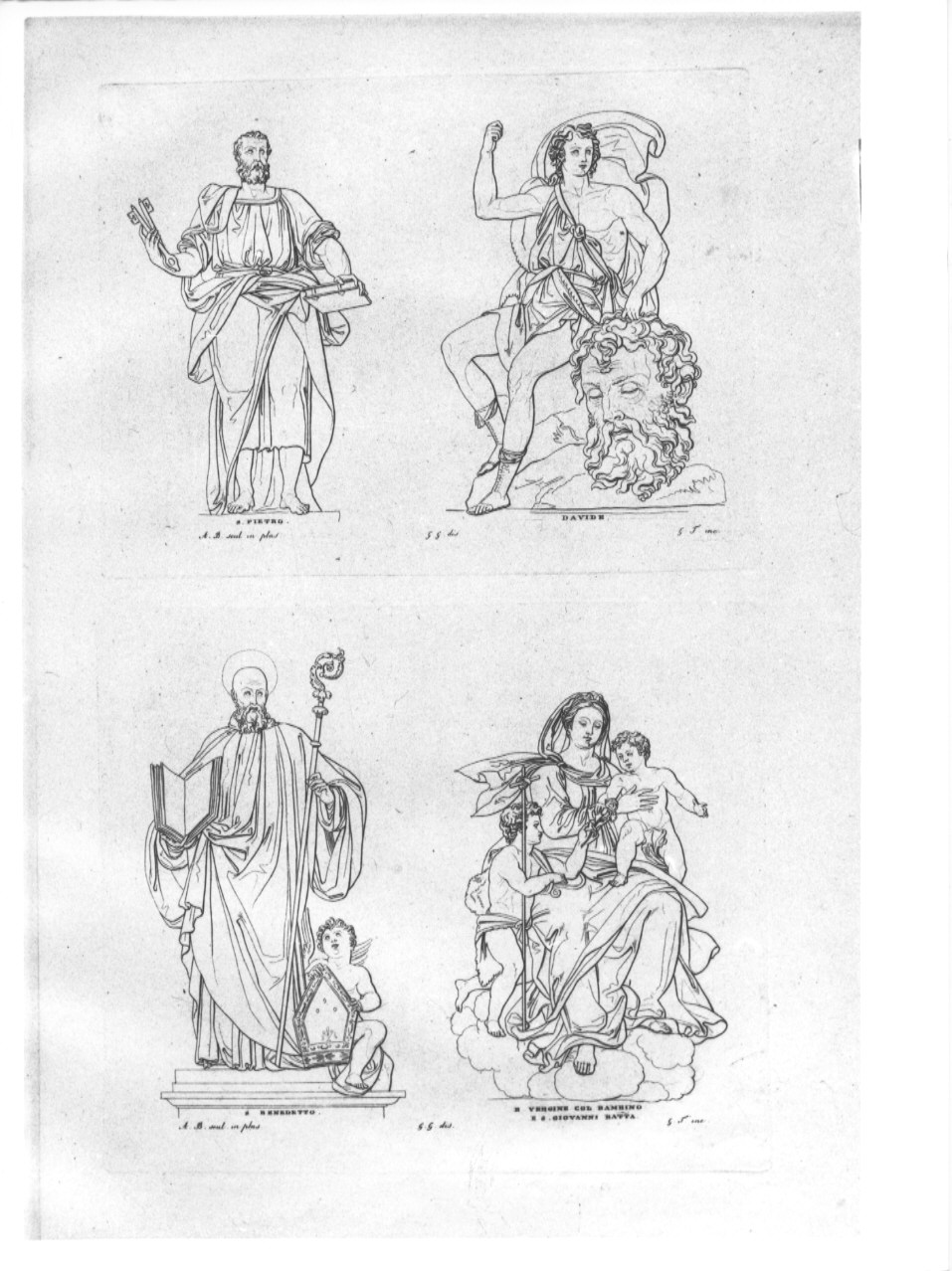 San Pietro / Davide con la testa di Golia / San Benedetto / Madonna con Bambino e San Giovannino (stampa, serie) di Guizzardi Giuseppe, Tomba Giulio, Begarelli Antonio (sec. XIX)