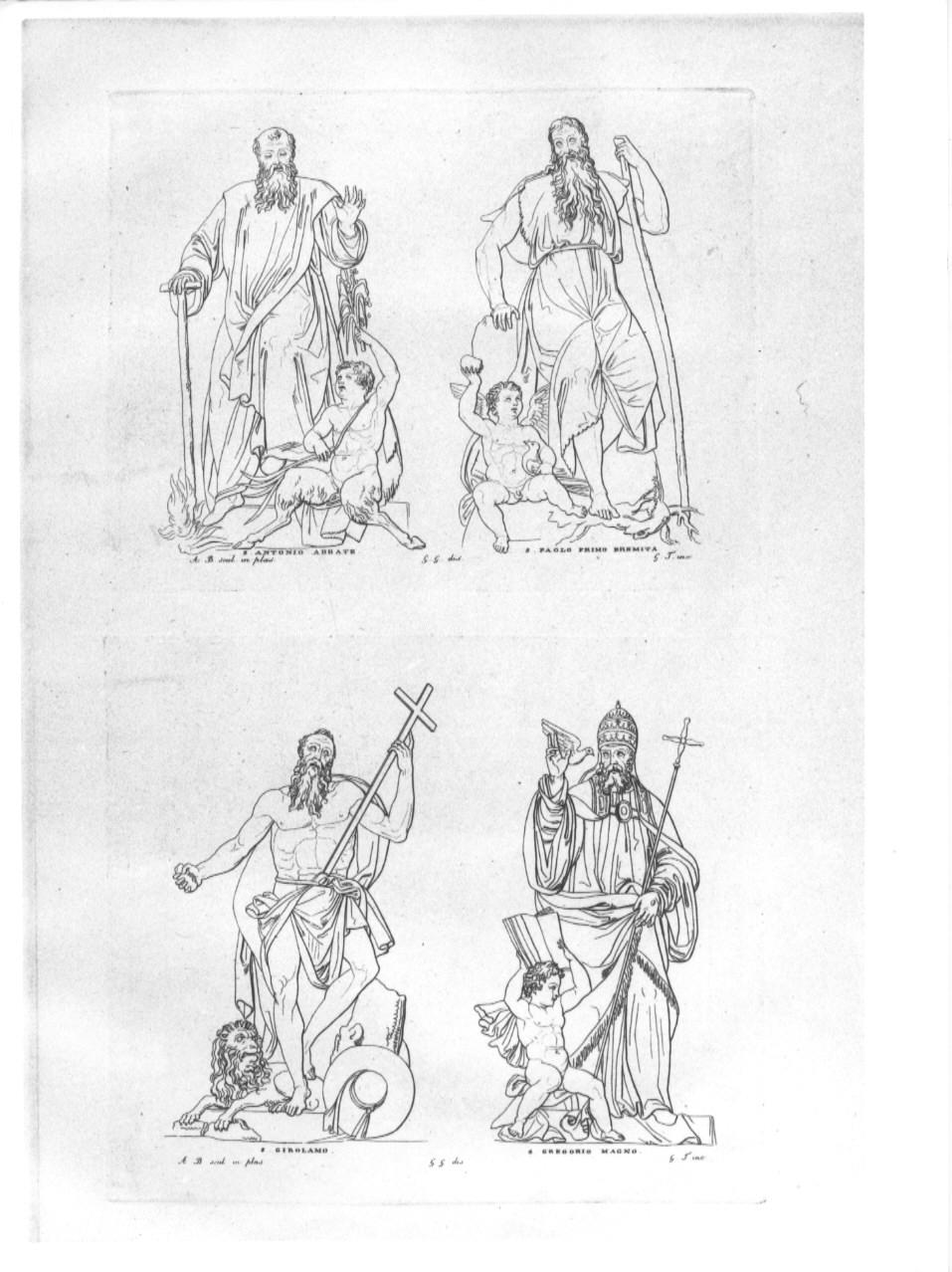 Sant'Antonio abate / San Paolo eremita / San Girolamo / San Gregorio Magno (stampa, serie) di Guizzardi Giuseppe, Tomba Giulio, Begarelli Antonio (sec. XIX)