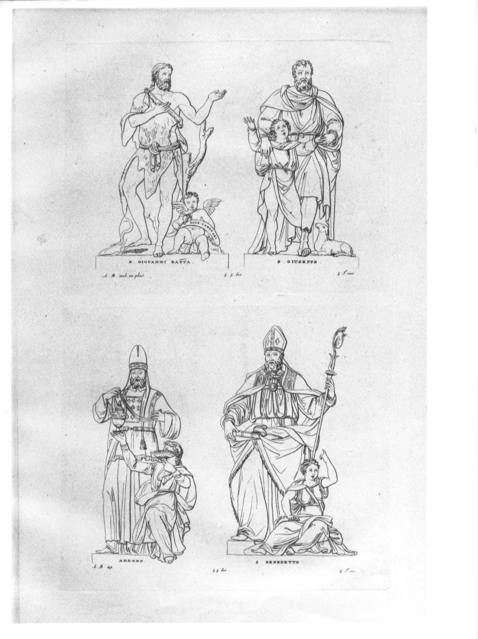 San Giovanni Battista / San Giuseppe / Aronne / San Benedetto (stampa, serie) di Guizzardi Giuseppe, Tomba Giulio, Begarelli Antonio (sec. XIX)