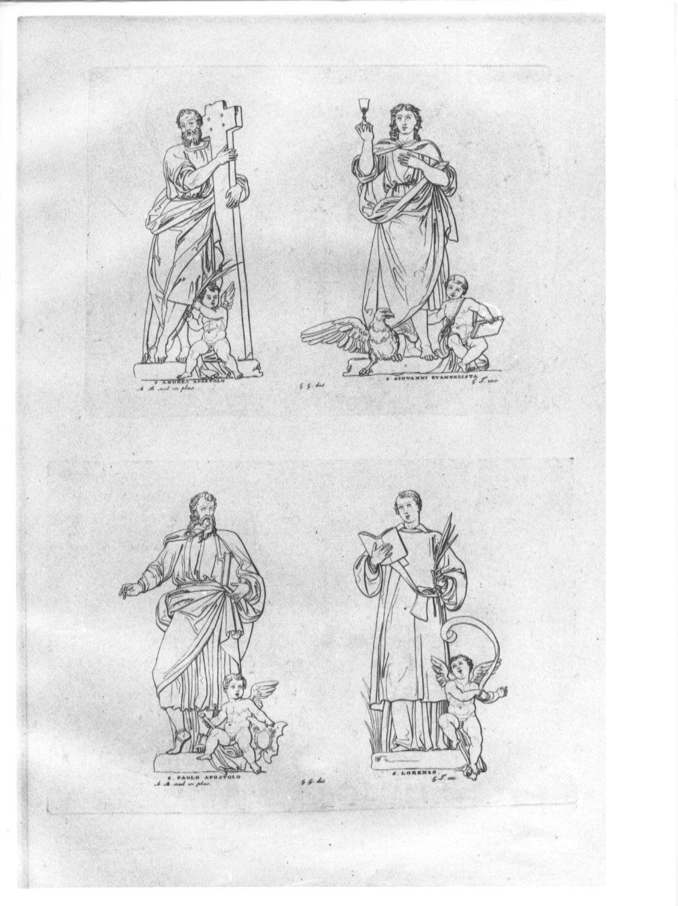 San Andrea / San Giovanni Evangelista / San Paolo / San Lorenzo (stampa, serie) di Guizzardi Giuseppe, Tomba Giulio, Begarelli Antonio (sec. XIX)