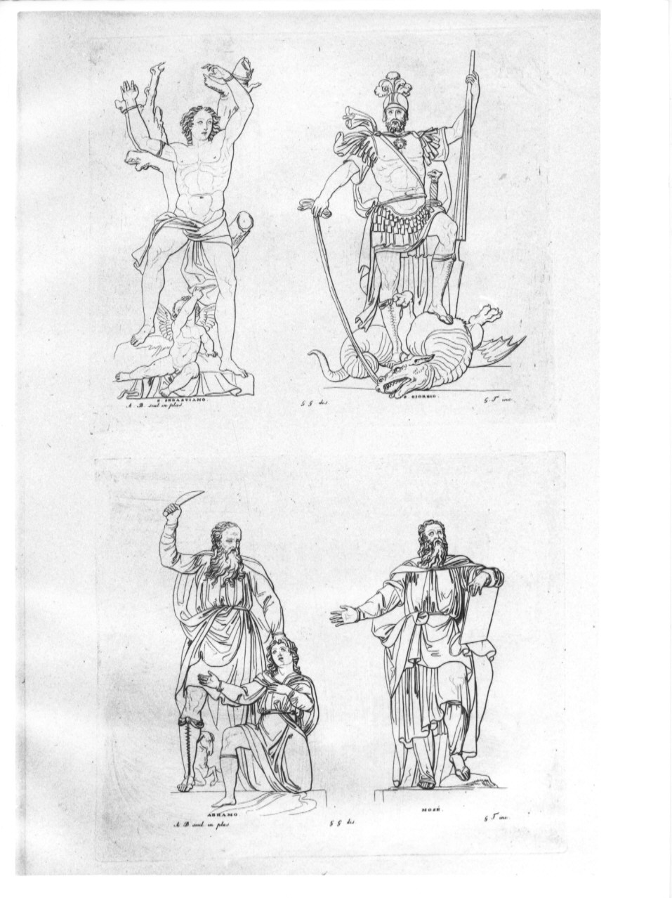 San Sebastiano / San Giorgio / Abramo / Mosè (stampa, serie) di Guizzardi Giuseppe, Tomba Giulio, Begarelli Antonio (sec. XIX)