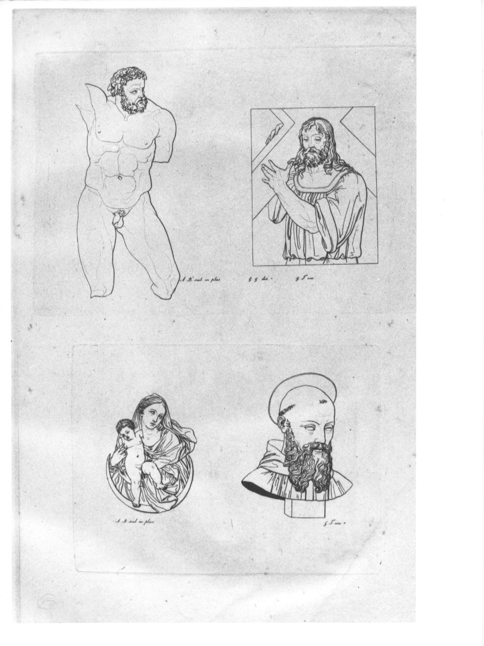 figura maschile / Cristo portacroce / Madonna con Bambino / testa di santo (stampa, serie) di Guizzardi Giuseppe, Tomba Giulio, Begarelli Antonio (sec. XIX)