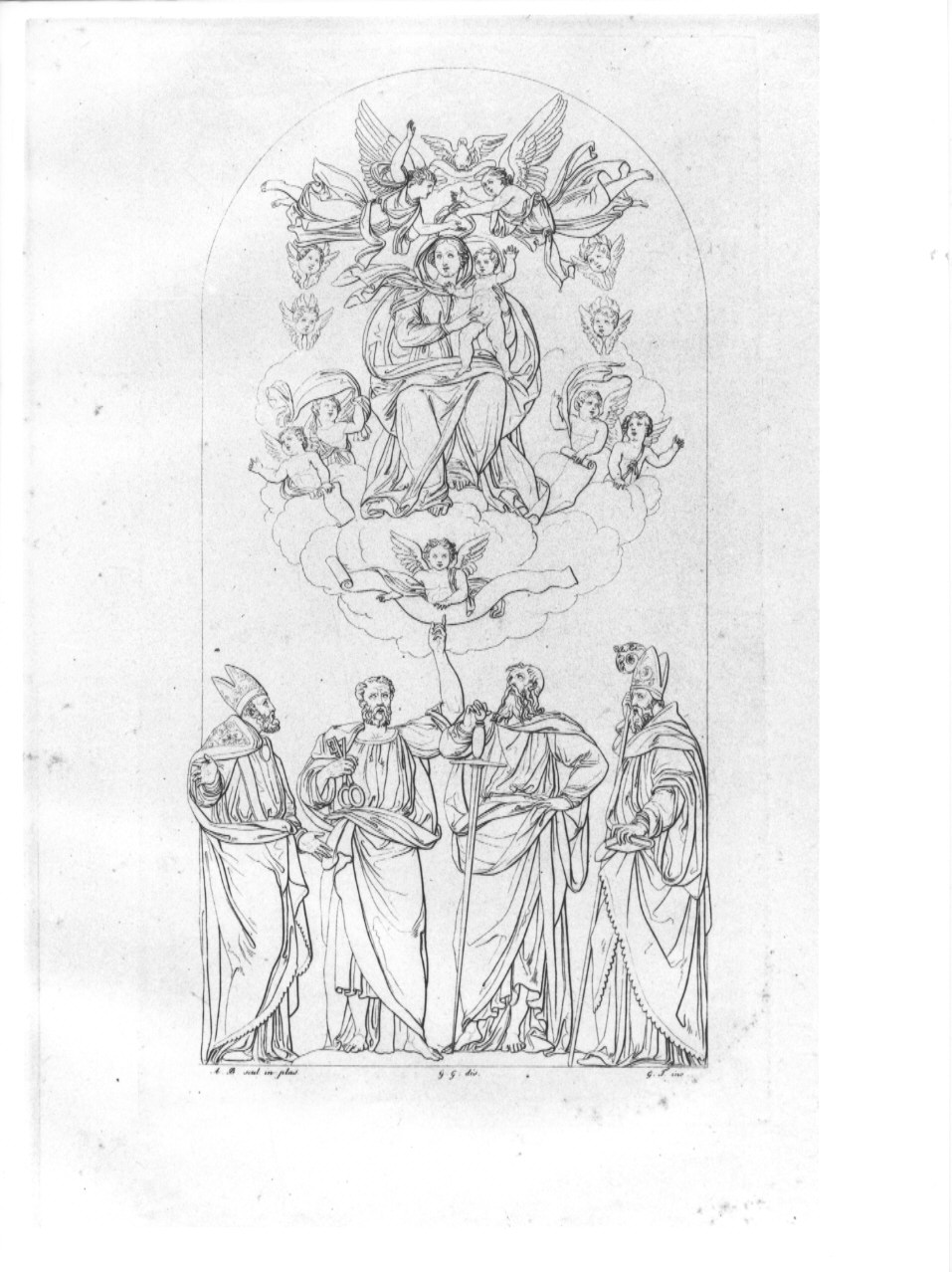 Monumento funebre di Antonio Begarelli, Madonna con Bambino e angeli tra San Geminiano, San Pietro, San Paolo e San Benedetto (stampa, serie) di Guizzardi Giuseppe, Tomba Giulio, Begarelli Antonio (sec. XIX)