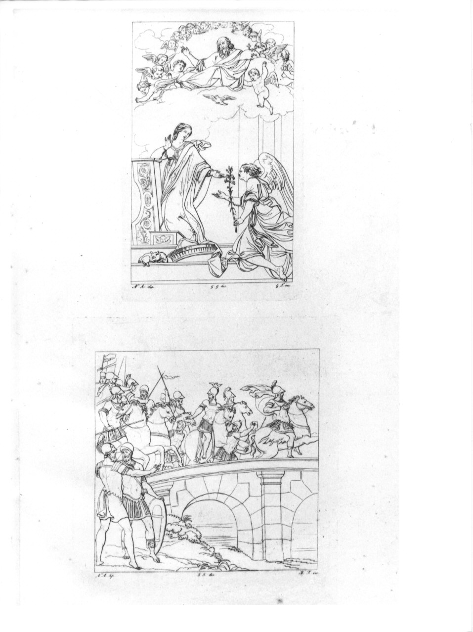 Annunciazione / scena di battaglia (stampa, serie) di Guizzardi Giuseppe, Tomba Giulio, Dell'Abate Niccolò (sec. XIX)