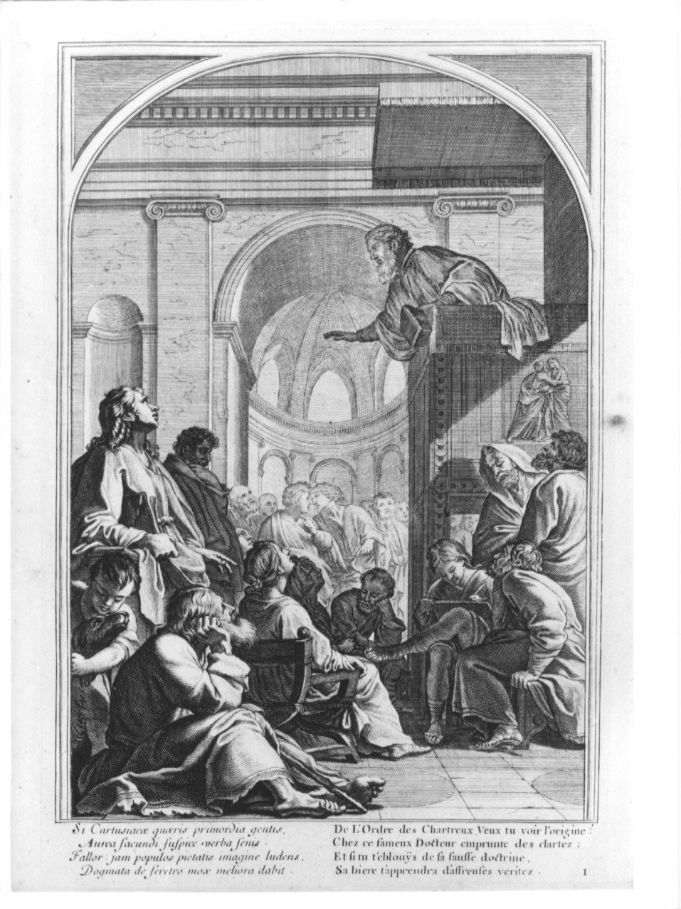 San Bruno studia alla cattedra vescovile di Reims, episodi della vita di San Bruno (stampa, serie) di Chavueau François, Simmoneau, Sueur Eustache Le (sec. XIX)
