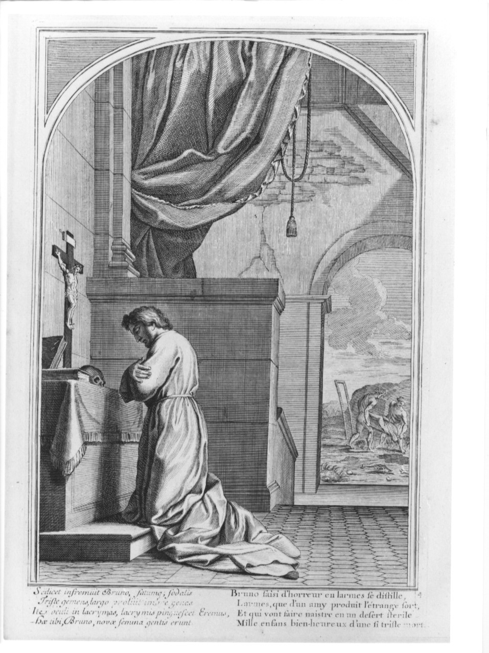San Bruno in ginocchio davanti a Cristo crocifisso (stampa, serie) di Chavueau François, Simmoneau, Sueur Eustache Le (sec. XIX)