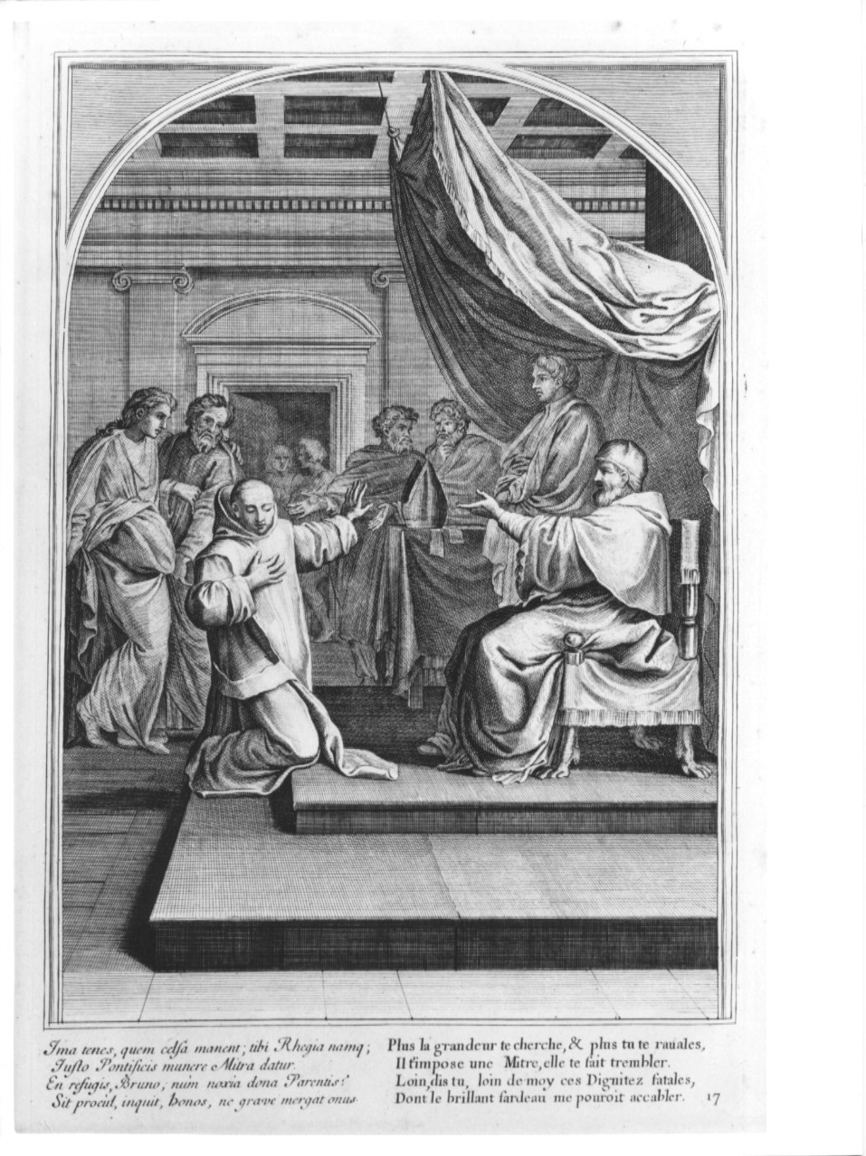 San Bruno rifuta l'episcopato di Reggio, episodi della vita di San Bruno (stampa, serie) di Chavueau François, Simmoneau, Sueur Eustache Le (sec. XIX)
