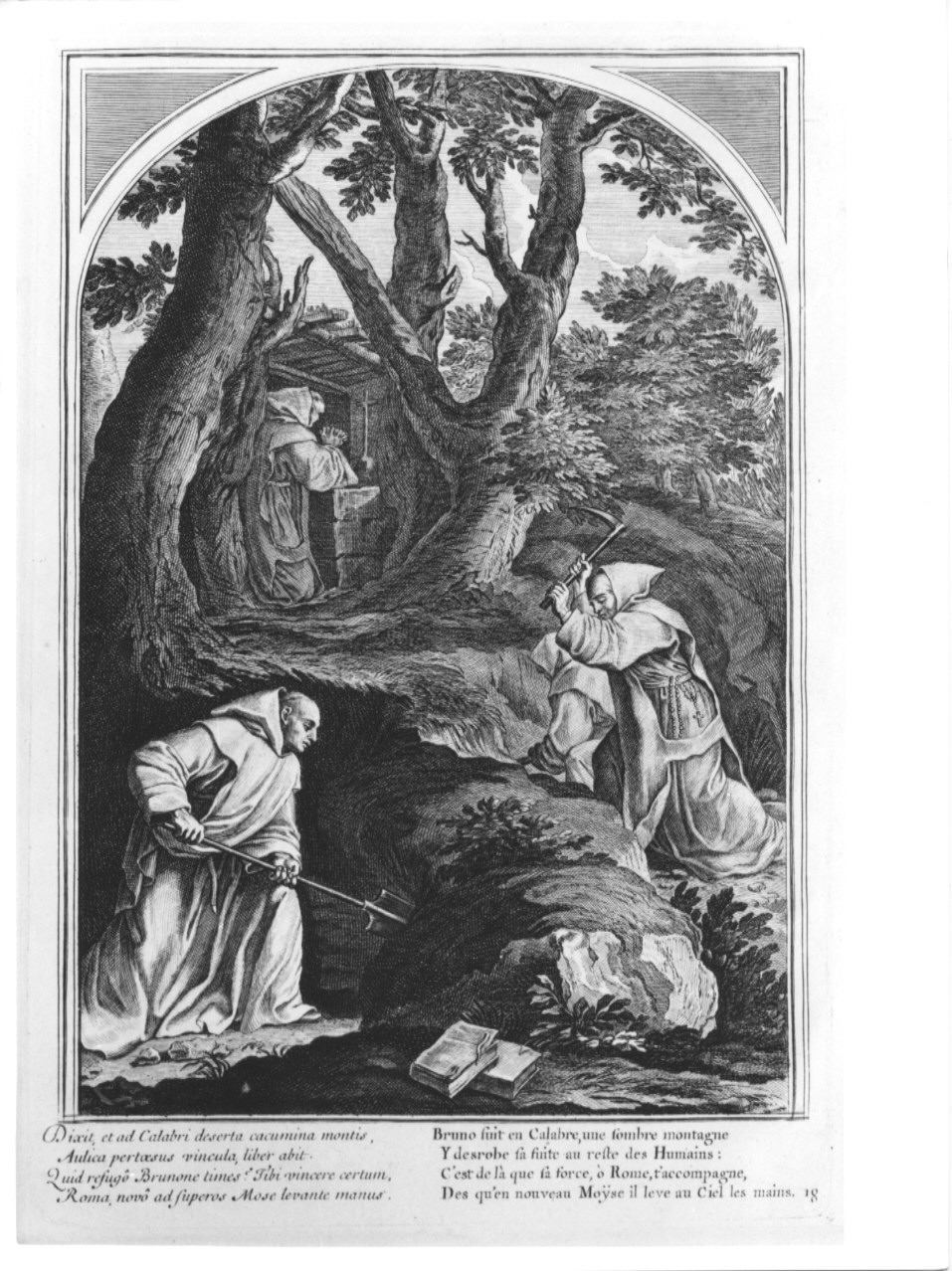 San Bruno costruisce la Certosa di Reggio, episodi della vita di San Bruno (stampa, serie) di Chavueau François, Simmoneau, Sueur Eustache Le (sec. XIX)