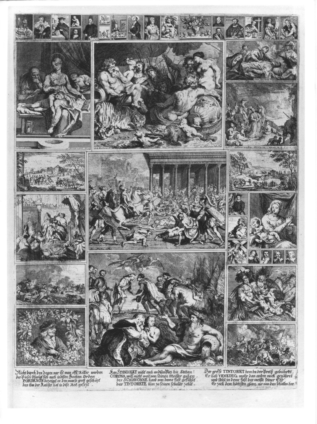 interno di palazzo con quadri (stampa, serie) di De Stampart Francisco, De Prenner Antonio (sec. XVIII)