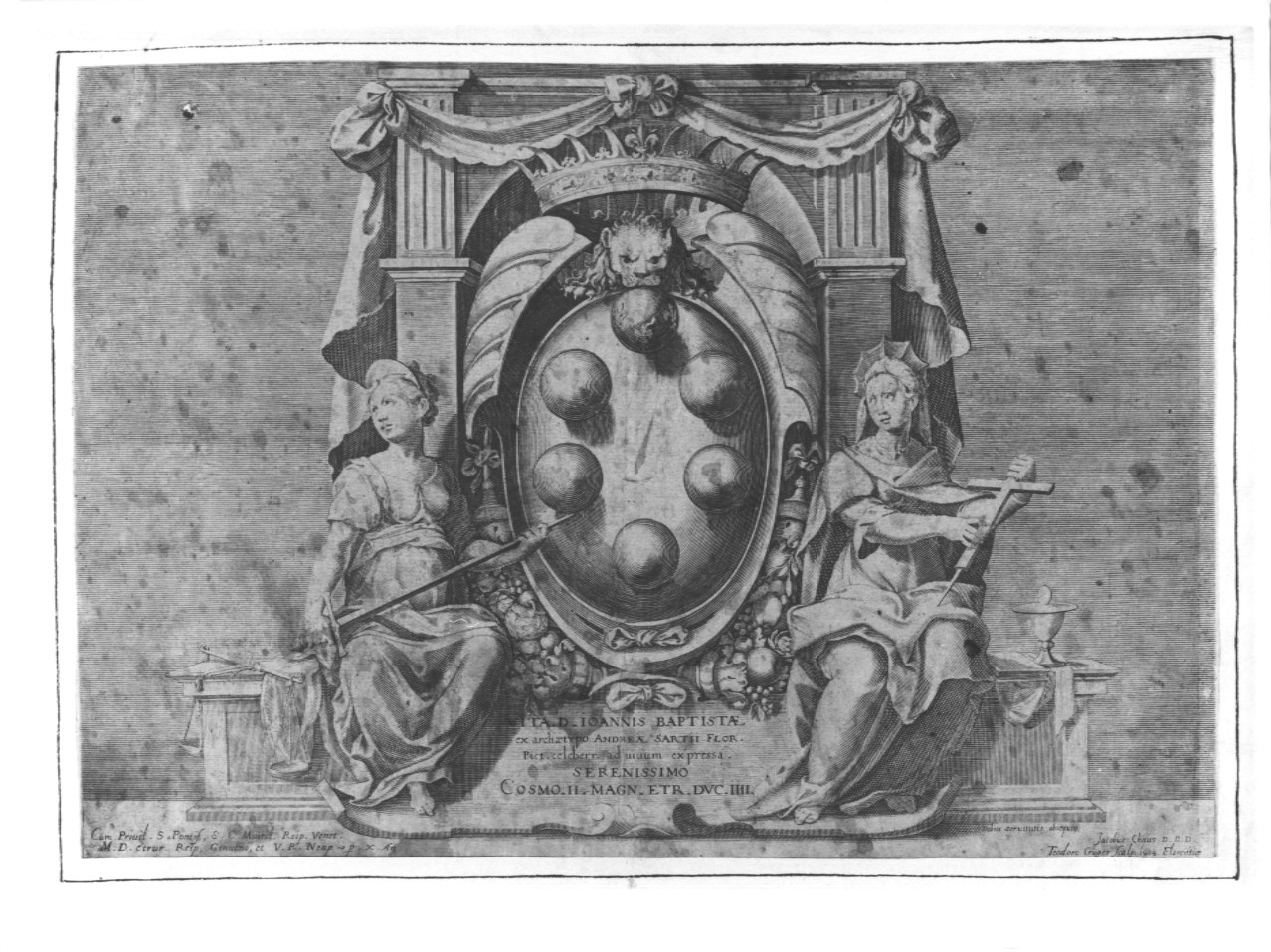 Stemma della famiglia Medici, fregio (stampa, serie) di Krueger Theodor, Andrea d'Agnolo detto Andrea del Sarto (sec. XVII)
