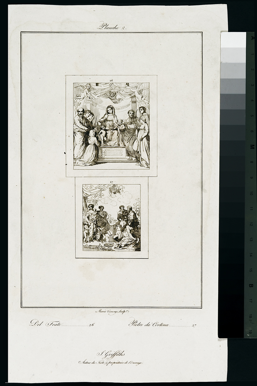 Madonna con Bambino/ figure maschili e figure femminili (stampa, serie) di Cosway Hadfield Maria, Berrettini Pietro detto Pietro da Cortona, Del Frate (inizio sec. XIX)