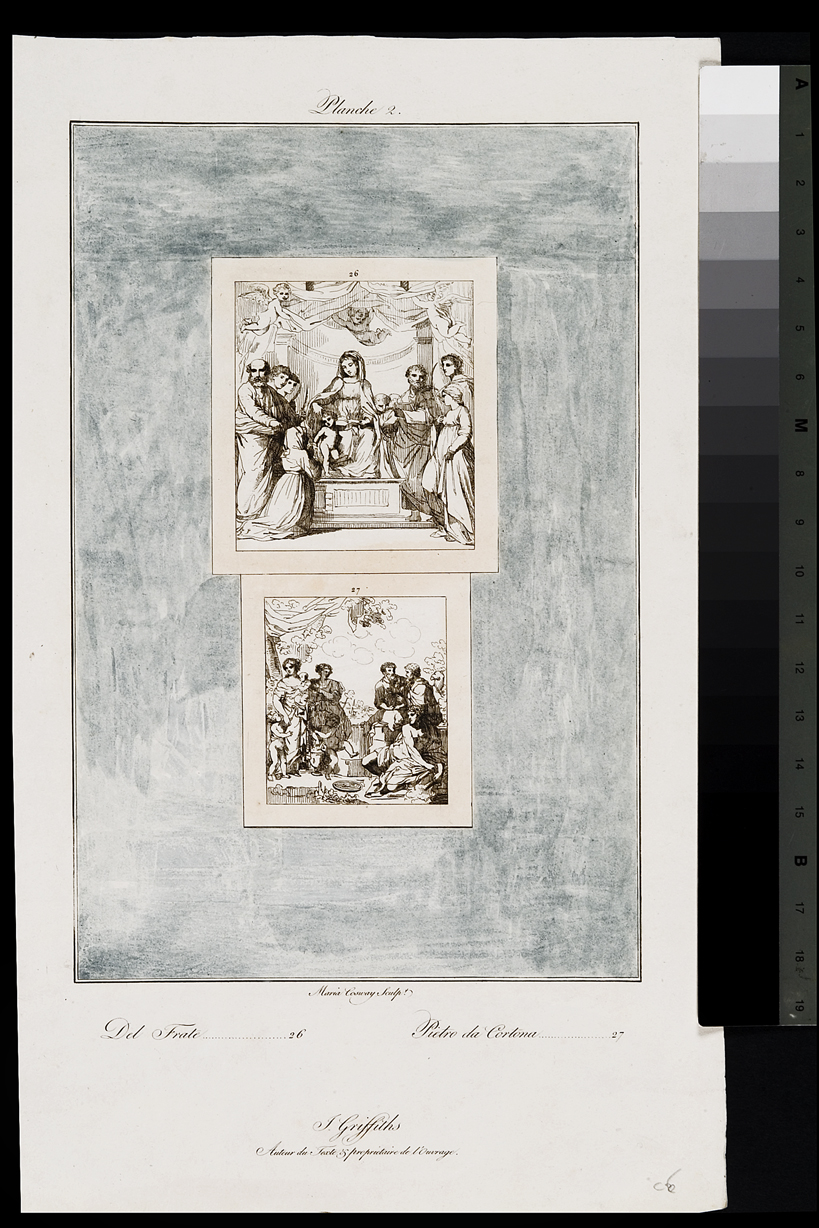 Madonna con Bambino/ figure maschili e figure femminili (stampa, serie) di Cosway Hadfield Maria, Berrettini Pietro detto Pietro da Cortona, Del Frate (inizio sec. XIX)