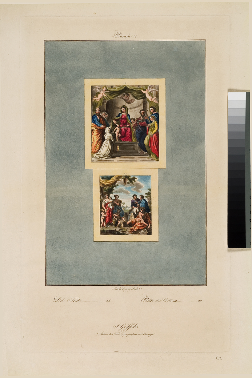 Madonna con Bambino/ figure maschili e figure femminili (stampa, serie) di Cosway Hadfield Maria, Berrettini Pietro detto Pietro da Cortona, Del Frate (inizio sec. XIX)
