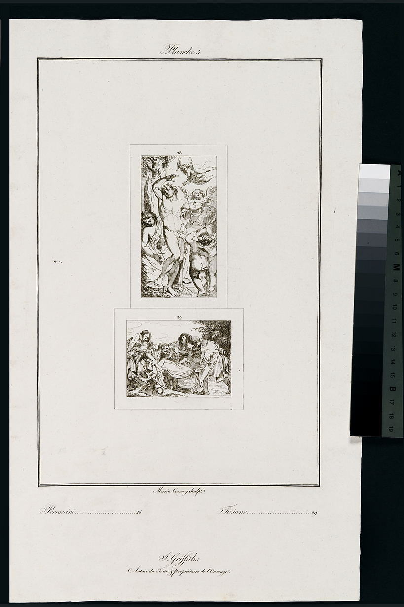 San Sebastiano curato dagli angeli / Cristo morto (stampa, serie) di Cosway Hadfield Maria, Vecellio Tiziano, Procaccini Camillo (inizio sec. XIX)