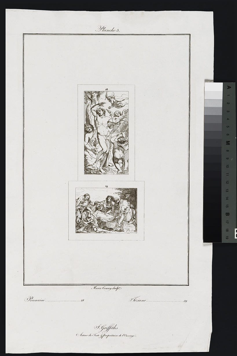 San Sebastiano curato dagli angeli / Cristo morto (stampa, serie) di Cosway Hadfield Maria, Vecellio Tiziano, Procaccini Camillo (inizio sec. XIX)