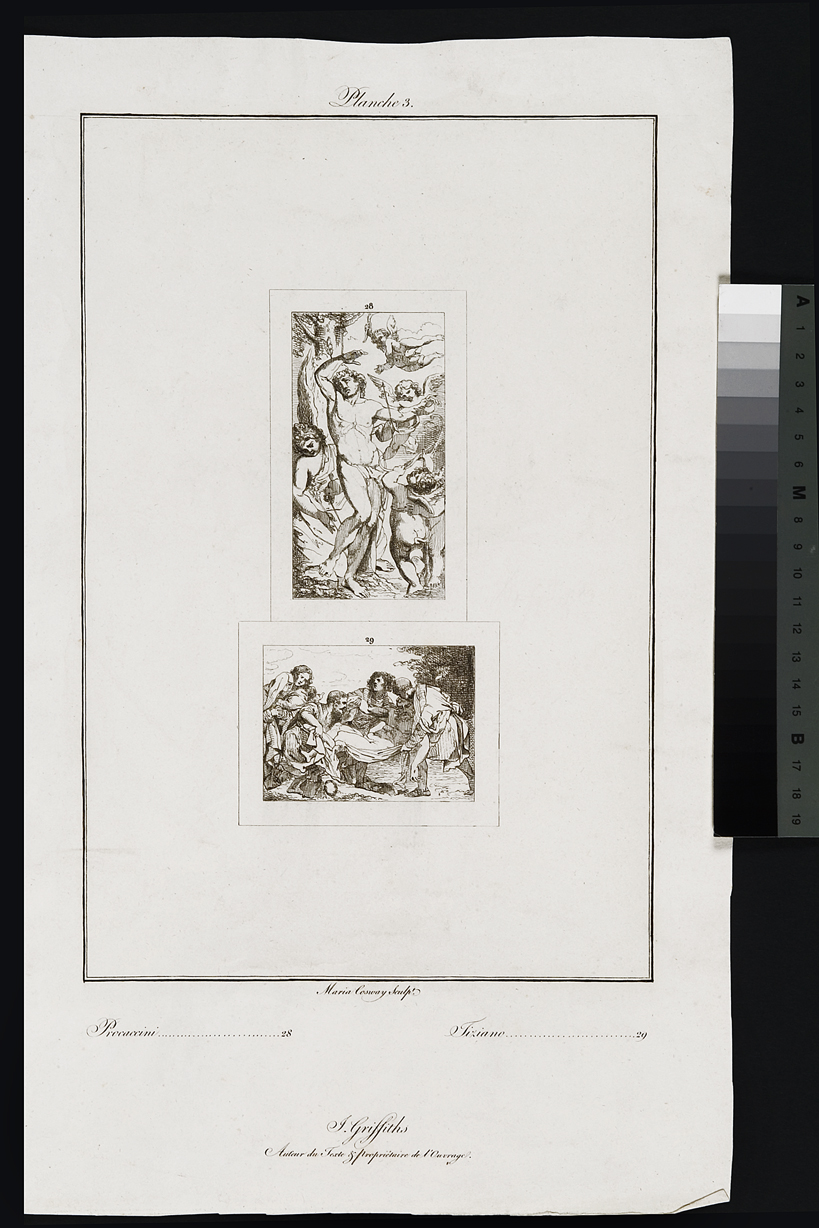 San Sebastiano curato dagli angeli / Cristo morto (stampa, serie) di Cosway Hadfield Maria, Vecellio Tiziano, Procaccini Camillo (inizio sec. XIX)