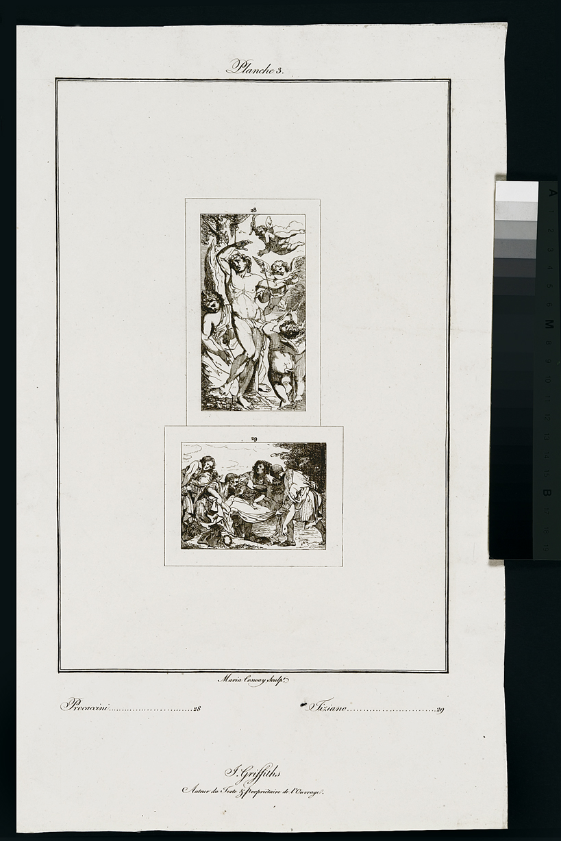 San Sebastiano curato dagli angeli / Cristo morto (stampa, serie) di Cosway Hadfield Maria, Vecellio Tiziano, Procaccini Camillo (inizio sec. XIX)