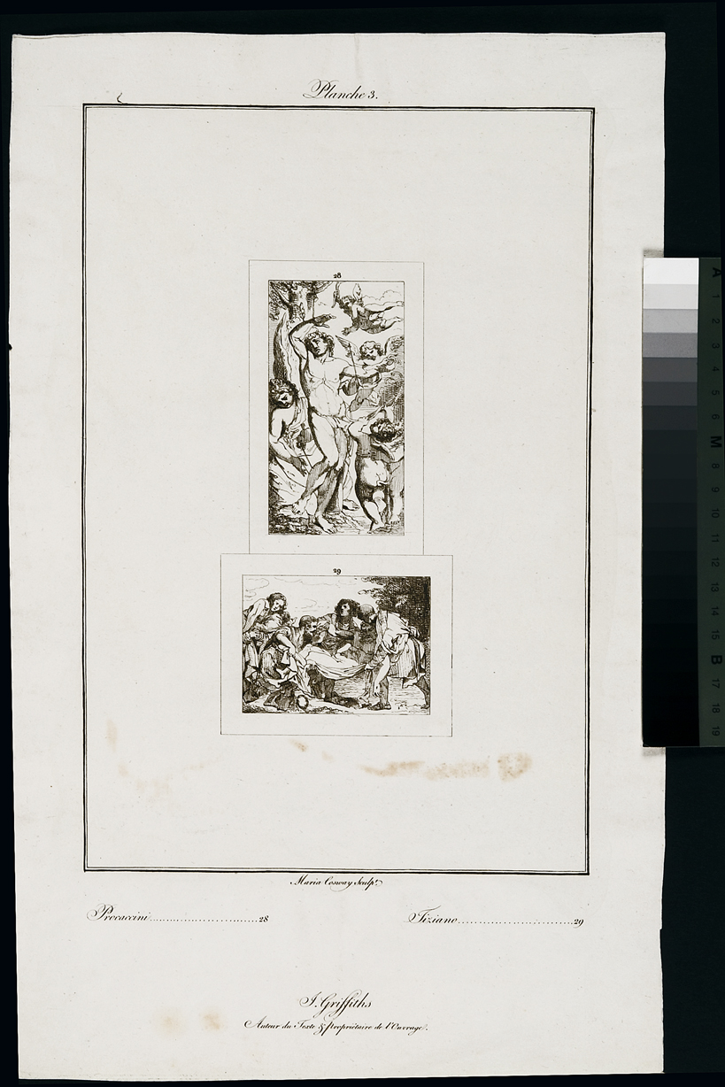 San Sebastiano curato dagli angeli / Cristo morto (stampa, serie) di Cosway Hadfield Maria, Vecellio Tiziano, Procaccini Camillo (inizio sec. XIX)