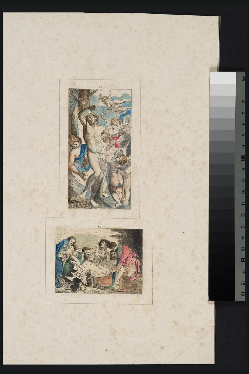San Sebastiano curato dagli angeli / Cristo morto (stampa, serie) di Cosway Hadfield Maria, Vecellio Tiziano, Procaccini Camillo (inizio sec. XIX)