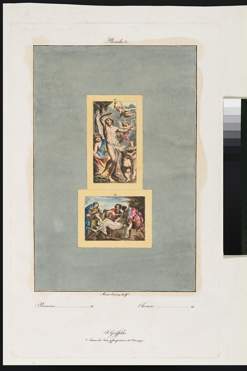 San Sebastiano curato dagli angeli / Cristo morto (stampa, serie) di Cosway Hadfield Maria, Vecellio Tiziano, Procaccini Camillo (inizio sec. XIX)