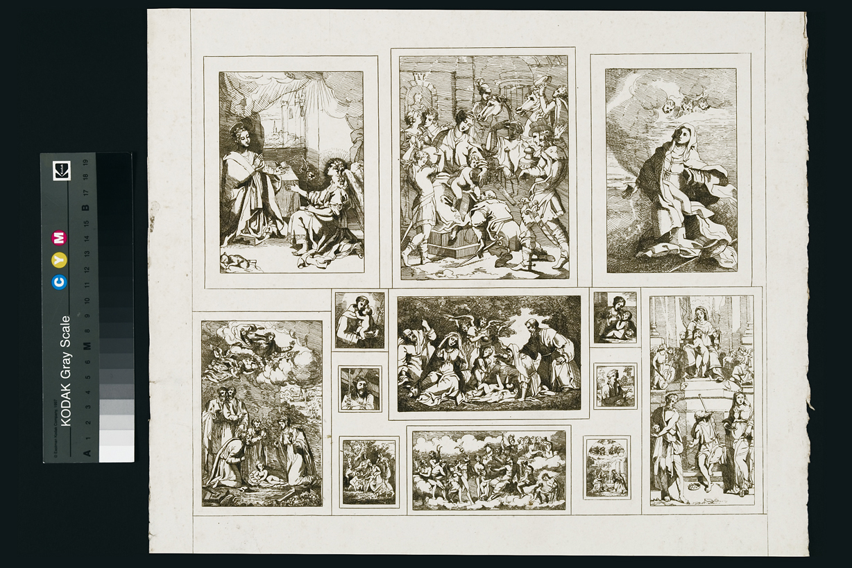 episodi del Nuovo Testamento (stampa, serie) di Cosway Hadfield Maria, Tisi Benvenuto detto Garofalo, Fiori Federico detto Barocci, Luteri Giovanni di Niccolò detto Dossi Dosso, Gennari Bartolomeo, Mazzola Francesco detto Parmigianino, Allegri Antonio detto Correggio, Mola Pier Francesco, Capucino, Caldara Polidoro detto Polidoro da Caravaggio (inizio sec. XIX)