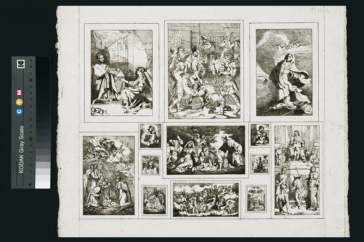 episodi del Nuovo Testamento (stampa, serie) di Cosway Hadfield Maria, Tisi Benvenuto detto Garofalo, Fiori Federico detto Barocci, Luteri Giovanni di Niccolò detto Dossi Dosso, Gennari Bartolomeo, Mazzola Francesco detto Parmigianino, Allegri Antonio detto Correggio, Mola Pier Francesco, Capucino, Caldara Polidoro detto Polidoro da Caravaggio (inizio sec. XIX)