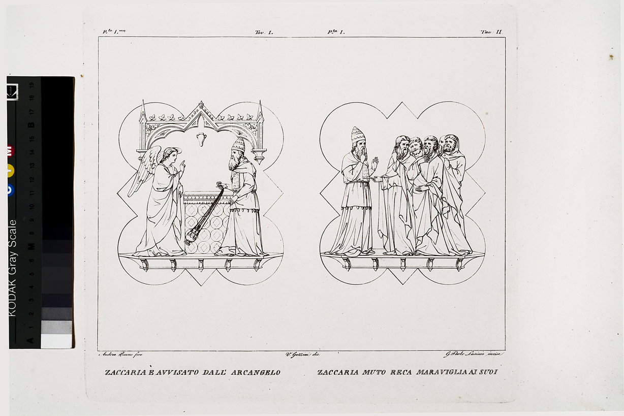 Zaccaria è avvisato dall'arcangelo / Zaccaria muto reca maraviglia ai suoi, elementi decorativi architettonici (stampa, serie) di Gozzini Vincenzo, Lasinio Giovanni Paolo, Andrea Pisano (primo quarto sec. XIX)