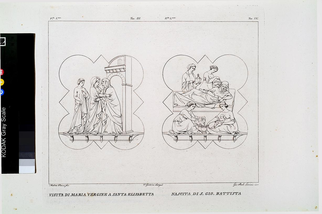 Visita di Maria Vergine a Santa Elisabetta / Nascita di S. Gio. Battista, elementi decorativi architettonici (stampa, serie) di Gozzini Vincenzo, Lasinio Giovanni Paolo, Andrea Pisano (primo quarto sec. XIX)