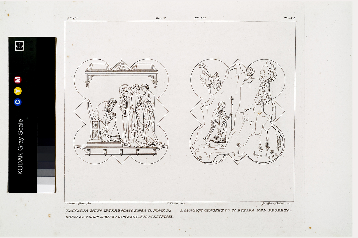 Zaccaria muto interrogato sopra il nome da darsi al figlio scrive: Giovanni, è il di lui nome / S. Giovanni giovinetto si ritira nel deserto, elementi decorativi architettonici (stampa, serie) di Gozzini Vincenzo, Lasinio Giovanni Paolo, Andrea Pisano (primo quarto sec. XIX)