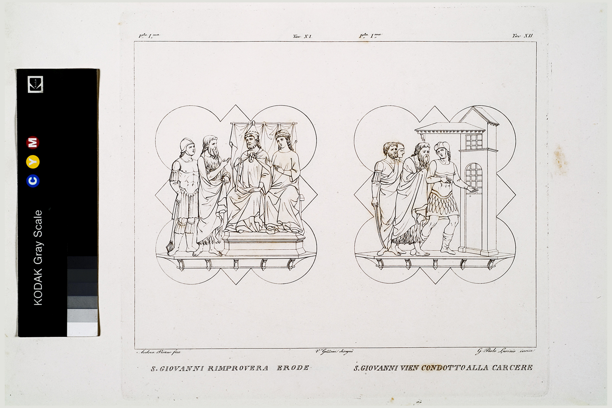 S. Giovanni rimprovera Erode / S. Giovanni condotto alla carcere, San Giovanni Battista ammonisce Erode ed Erodiade / San Giovanni Battista in prigione (stampa, serie) di Gozzini Vincenzo, Lasinio Giovanni Paolo, Andrea Pisano (primo quarto sec. XIX)