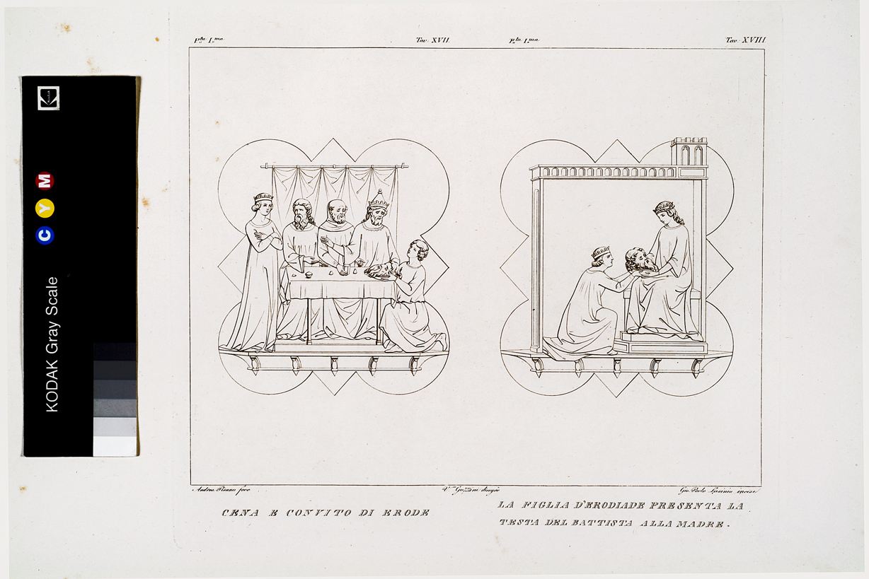 Cena e convito di Erode / La figlia d'Erodiade presenta la testa del Bttista alla madre, Salome con la testa di San Giovanni Battista sul piatto/ Salome consegna la testa di San Giovanni Battista ad Erodiade (stampa, serie) di Gozzini Vincenzo, Lasinio Giovanni Paolo, Andrea Pisano (primo quarto sec. XIX)