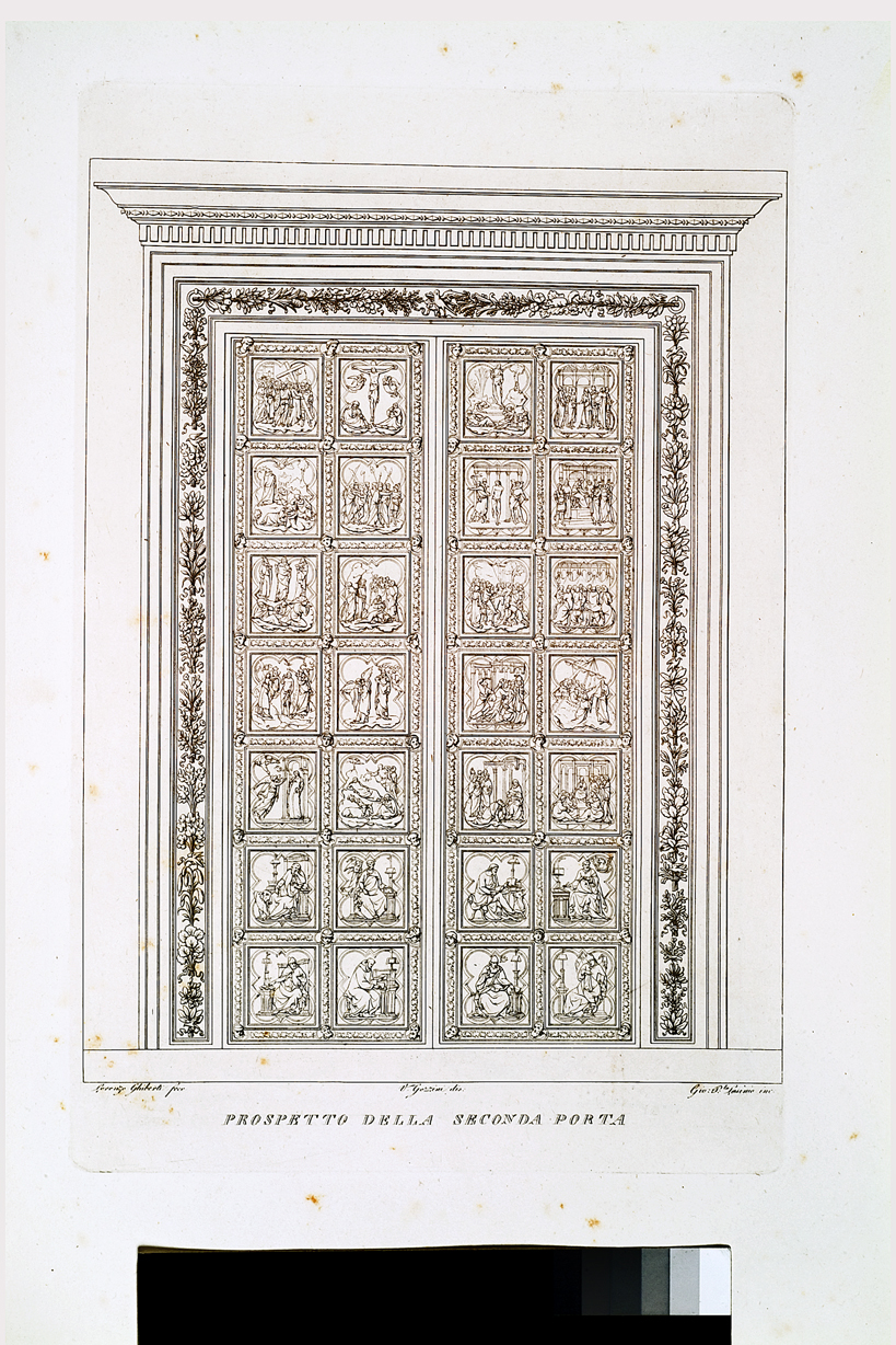 Prospetto della seconda porta, elementi decorativi architettonici (stampa, serie) di Gozzini Vincenzo, Lasinio Giovanni Paolo, Ghiberti Lorenzo (primo quarto sec. XIX)