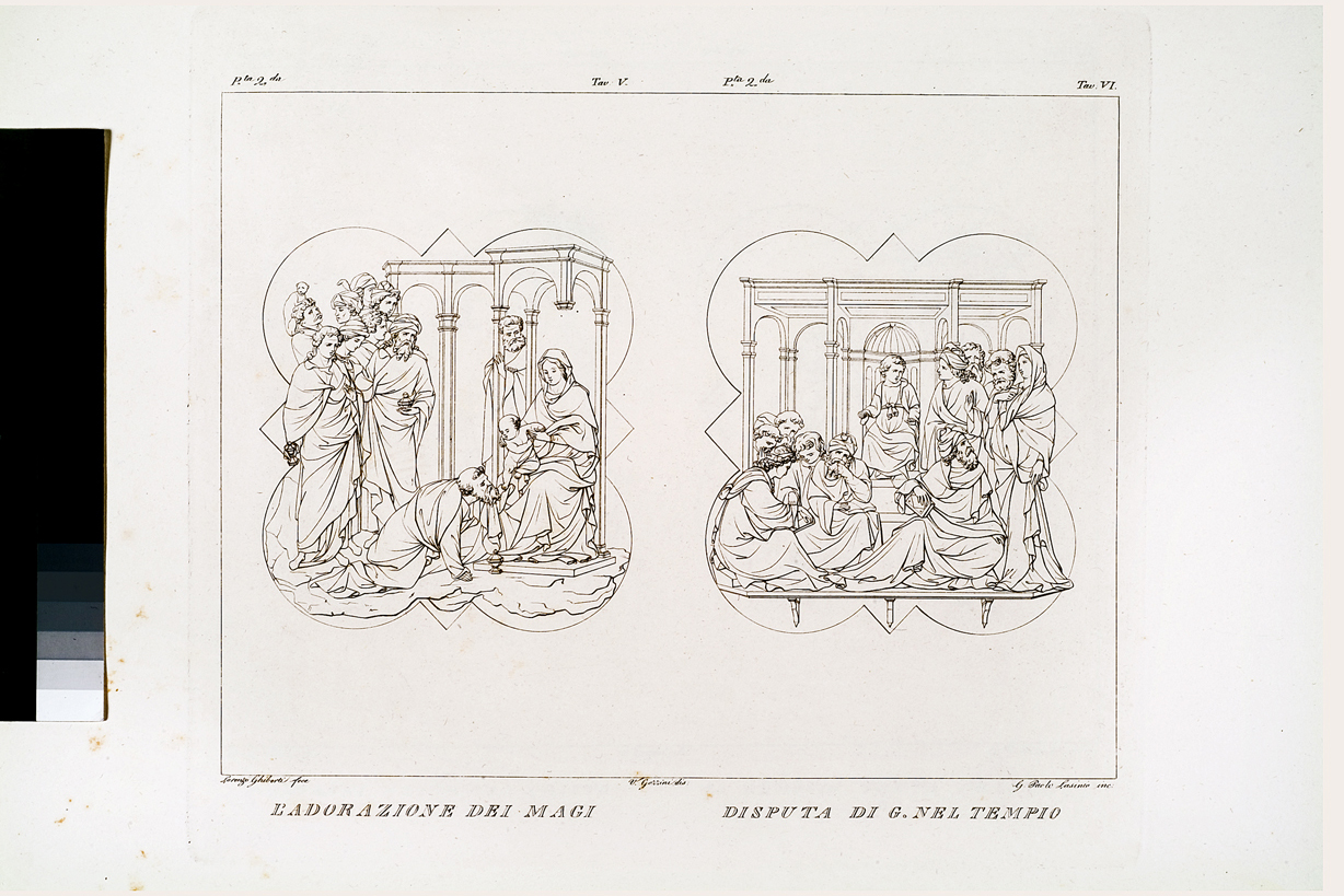 L'Adorazione dei Magi / Disputa di G. nel tempio, adorazione dei Magi/ disputa di Gesù con i dottori del tempio (stampa, serie) di Gozzini Vincenzo, Lasinio Giovanni Paolo, Ghiberti Lorenzo (primo quarto sec. XIX)