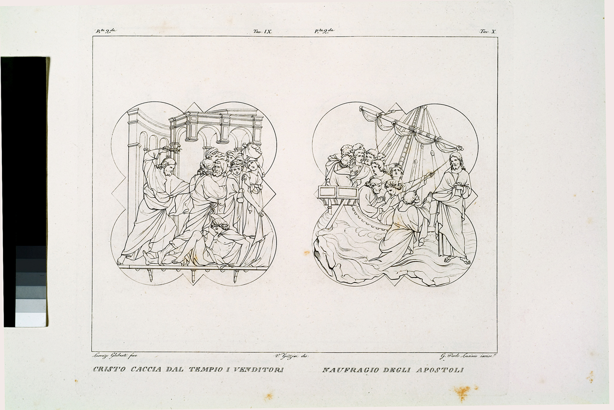 Cristo caccia dal tempio i venditori / Naufragio degli apostoli, Cristo caccia i mercanti dal tempio / Cristo cammina sulle acque del lago di Tiberiade (stampa, serie) di Gozzini Vincenzo, Lasinio Giovanni Paolo, Ghiberti Lorenzo (primo quarto sec. XIX)