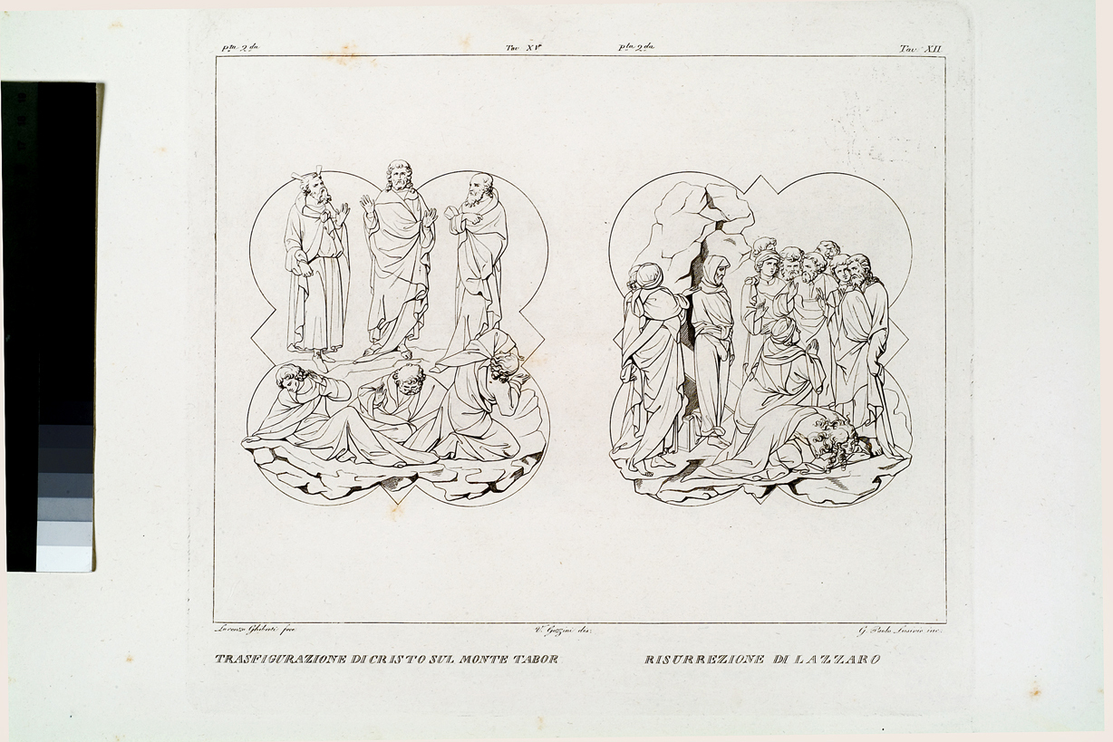 Trasfigurazione di Cristo sul monte Tabor / Risurrezione di Lazzaro, Trasfigurazione / Resurrezione di Lazzaro (stampa, serie) di Gozzini Vincenzo, Lasinio Giovanni Paolo, Ghiberti Lorenzo (primo quarto sec. XIX)