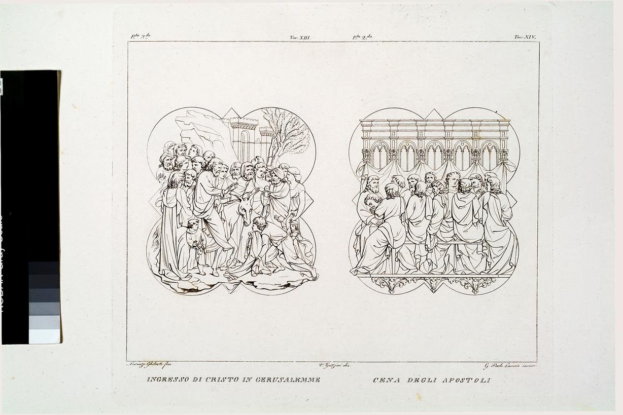 Ingresso di Cristo in Gerusalemme / Cena degli Apostoli, entrata di Cristo in Gerusalemme / ultima cena (stampa, serie) di Gozzini Vincenzo, Lasinio Giovanni Paolo, Ghiberti Lorenzo (primo quarto sec. XIX)