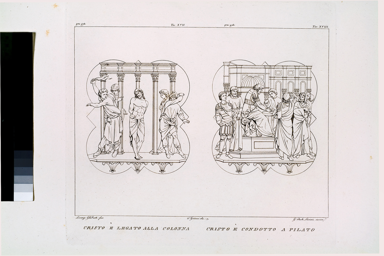 Cristo è legato alla colonna / Cristo è condotto a Pilato, Cristo alla colonna / Cristo davanti a Pilato (stampa, serie) di Gozzini Vincenzo, Lasinio Giovanni Paolo, Ghiberti Lorenzo (primo quarto sec. XIX)