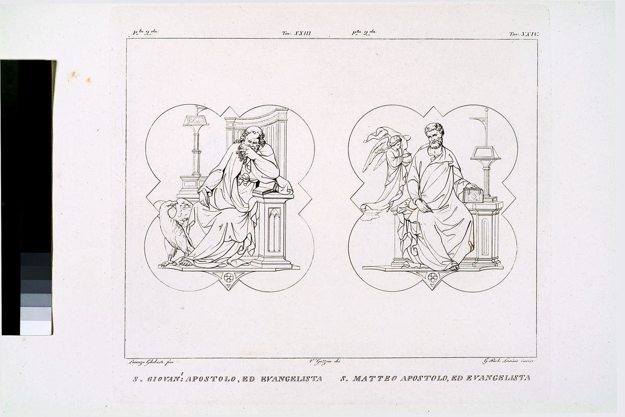 S. Giovan.i Apostolo, ed Evangelista / S. Matteo Apostolo, ed Evaglista, San Giovanni Evangelista / San Matteo Evangelista (stampa, serie) di Gozzini Vincenzo, Lasinio Giovanni Paolo, Ghiberti Lorenzo (primo quarto sec. XIX)