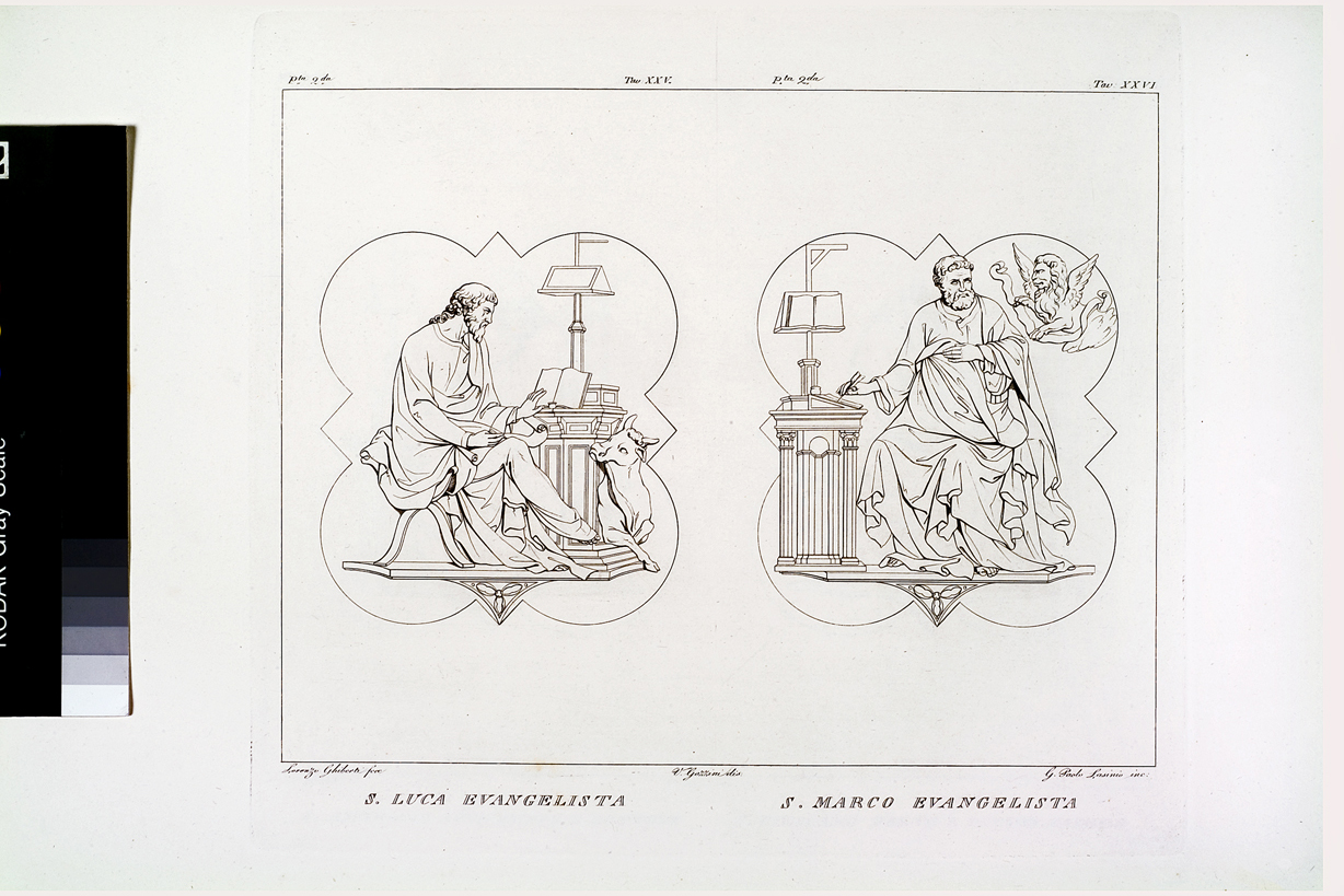 S. Luca Evangelista / S. Marco Evangelista, San Luca Evangelista / San Marco Evangelista (stampa, serie) di Gozzini Vincenzo, Lasinio Giovanni Paolo, Ghiberti Lorenzo (primo quarto sec. XIX)